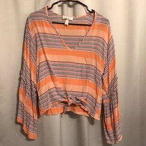 Striped vneck blouse with tie in front